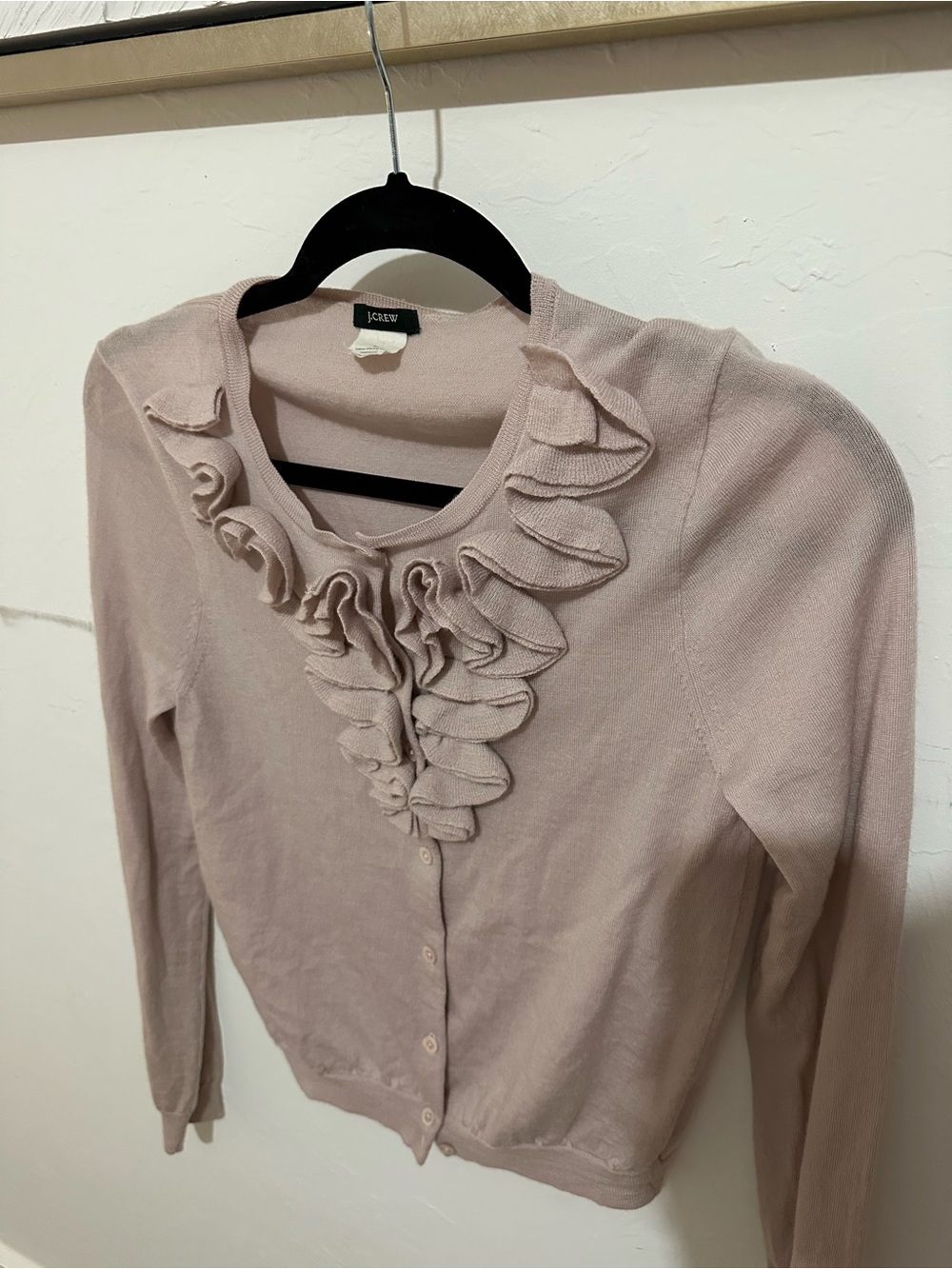 J. Crew Dusty Pink Ruffle-Front Cardigan